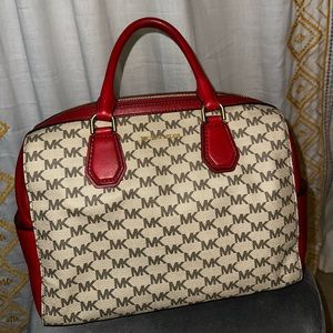 Tan and red Michael Kors shoulder bag with matching large wallet